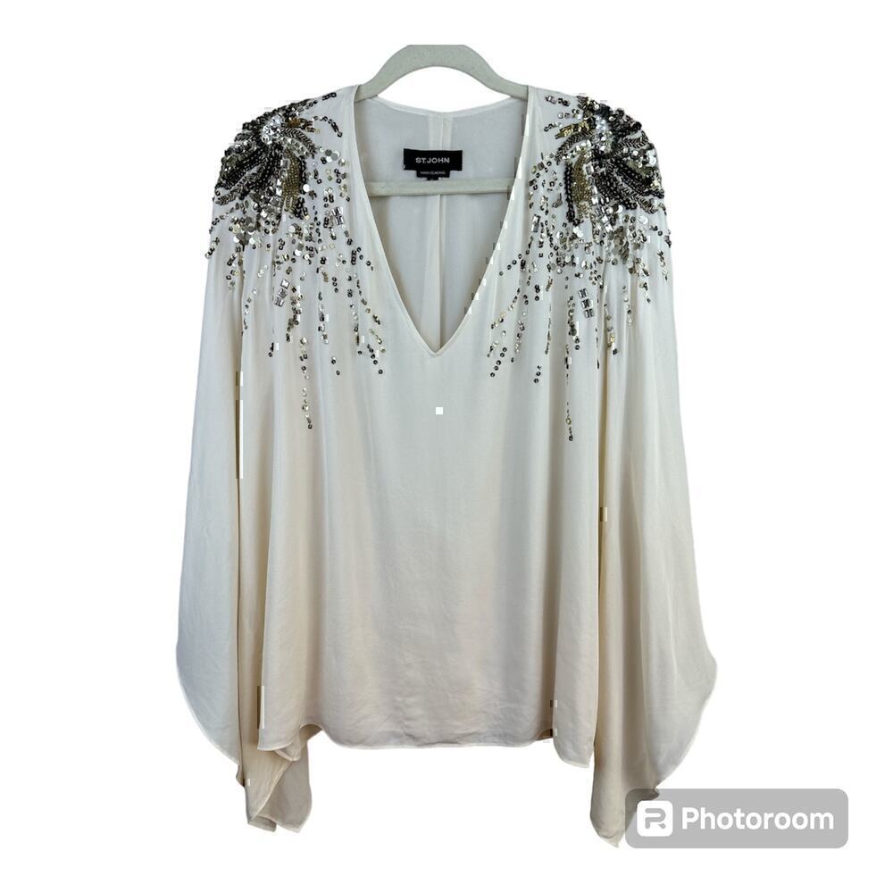 St. John Hand Beaded Chiffon Cape Women's XL Cream Silk Vneck Camisole F…‌‌‌